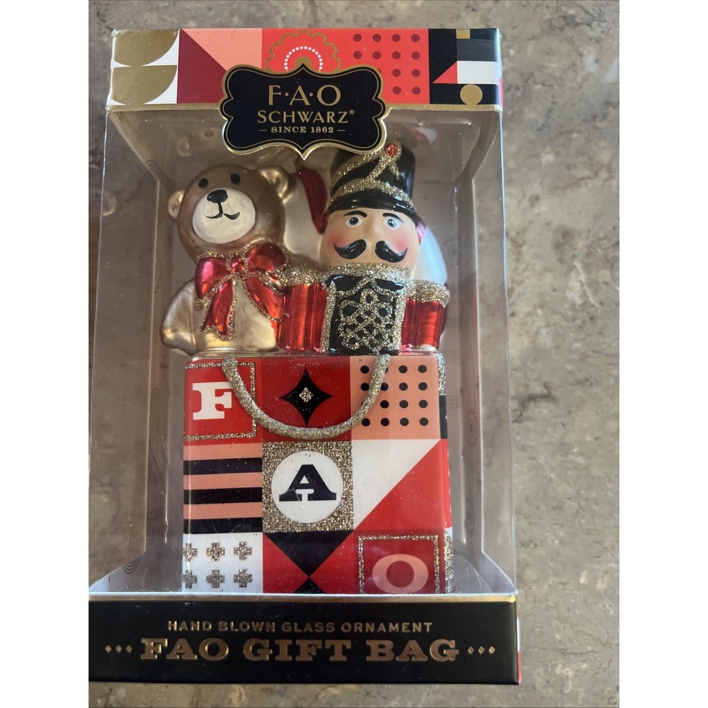 FAO SCHWARZ Blown Glass Bear & Nutcracker/Soldier Ornament